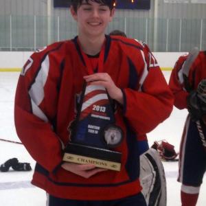 Howard Pearce, a Wiscasset High School freshman, holds the championship trophy for his team’s state hockey championship. Courtesy of Sarah Pearce Howard Pearce, a Wiscasset High School freshman, holds the championship trophy for his team’s state hockey championship. Courtesy of Sarah Pearce