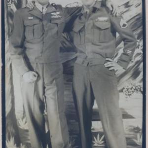 Two World War II veterans enjoy some time together just a few days after World War II ended in 1945. Left is George D’Amato, who became a lawyer in New York after the war. Right is George Jones, who became owner of Yankee Wholesale Company in Wiscasset.