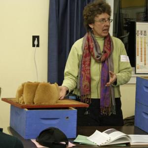 Knox-Lincoln Beekeepers Club member Jane Dunstan is one of a number of honeybee enthusiasts currently teaching nearly 50 new potential beekeepers in the Midcoast at this year's Bee School in Thomaston. Courtesy of John Webster