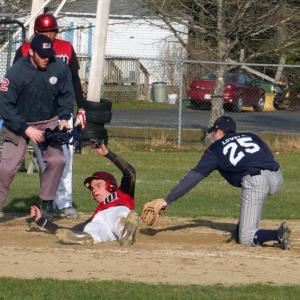 Wiscasset's Cody Graves slides safely into home in action with Telstar on Monday, April 22.