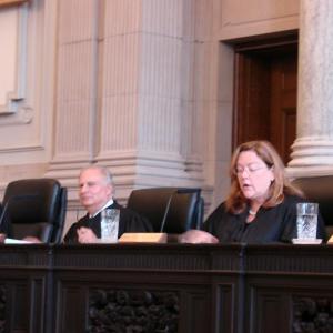 From left, Maine Supreme Judicial Court justices Ellen Gorman and Warren Silver, and Chief Justice Leigh Saufley question lawyers in the Gregory Vrooman case. SUSAN JOHNS/Wiscasset Newspaper