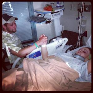 Mike Snyder visits the hospital room of his sister, Hannah. Both are recovering from injuries at Maine Medical Center in Portland following a serious car accident May 11 in Wiscasset, which claimed the life of their good friend, Dane Bonang. Courtesy of Mary Snyder Johnston