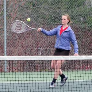 Hanna Foye gets Below: sees doubles action in Wiscasset’s match against Carrabec April 24. KATHY ONORATO/Wiscasset Newspaper 