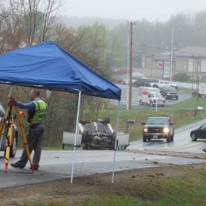 Driver of the rolled-over vehicle Jason Gallagher was taken to the hospital May 9. Gallagher had been traveling at high speed with Wiscasset police in pursuit at the time of the accident. JOHN MAGUIRE/Wiscasset Newspaper