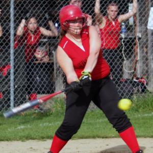 Hannah Campbell makes contact with the ball in Wiscasset’s win over Winthrop on May 8. KATHY ONORATO/Wiscasset Newspaper