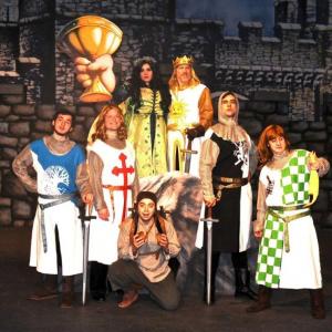 Members of the cast of Monty Python's “Spamalot” at the Boothbay Playhouse. Top row, from left: The Lady of the Lake (Emily Moore) and King Arthur (John Adams). Second row: Sir Bedevere (Cole Domeyer), Galahad (Joel Biron), Patsy (Nick Mirabile), Lancelot (Nicholas Carroll) and Sir Robin (Robo Bishop). Courtesy of Susan Domeyer