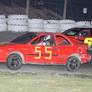 Wiscasset’s Kevin Sherman, driving #55, wins the New England 4-Cylinder Pro Stock feature at Wiscasset Speedway June 15. Courtesy of Peter Taylor, Wiscasset Speedway