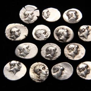 14 Greek silver AR hemiobol coins of Bactrian King Demetrius II (175-170 BCE) with standing Athena on the obverse.