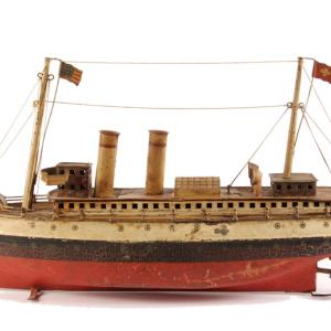 Painted tin U.S. ocean liner “George Washington” by German maker Marklin with original rigging and 85 percent paint.