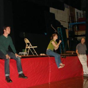 Tim Hoover, left, and Emma Goodman, professional actors from Massachusetts, along with Wiscasset High School science teacher Ralph Keyes, discuss domestic violence at an assembly at the school September 26. SUSAN JOHNS/Wiscasset Newspaper