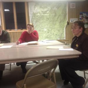 Edgecomb Selectmen’s Chairman Jack Sarmanian, left, Selectman Jessica Chubbuck and Realtor Lisa Kalloch pause for a resident’s question November 4. Kalloch proposed the town take a cemetery on Old County Road to help her church in Chelsea find a buyer for a church on that road. SUSAN JOHNS/Wiscasset Newspaper