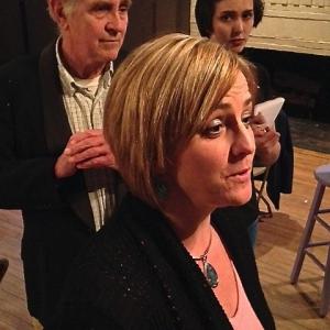 Mimi Sorg, in the forefront, plays estate owner Lyuba Ranevsky, as she gazes into the Cherry Orchard accompanied by her brother Gaev, played by Wayne Otto, and Liz Kneebone, who portrays her adopted daughter, Varya. Courtesy of the Chocolate Church Arts Center