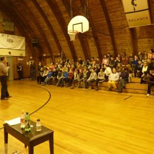 Dr. Steve Feder talks to Wiscasset Middle School students about the consuming healthy food and drinks during an assembly this spring. Courtesy of Caitlin Loveitt