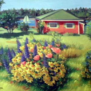 CRICKET COTTAGE GARDEN, 9 by 12-inch oil on canvas by artist Sarah Greenier. Sarah Greenier, "Cricket Cottage"