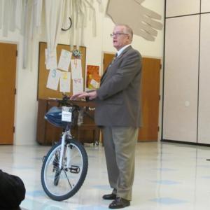 Thomas Pulkkinen of the Bay View Masonic Lodge #196 of East Boothbay, introduces the Bikes for Books program to students at Edgecomb Eddy School. Courtesy of Lisa Clarke