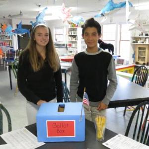 Middle schoolers Maggie Larson of Southport and Nicco Bartone of Georgetown cast their ballots in CTL’s Mock Election. Courtesy of CTL