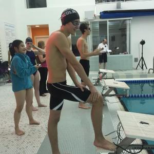Lincoln Academy Eagle Camden Gulden at the Jan. 5 meet, getting ready for his 100 yard butterfly. KATRINA CLARK/Wiscasset Newspaper