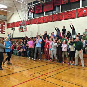 Deb Pooler starts the cheer, “We are small but we are ...” and the sophomore class responds with a deafening “mighty!” KATRINA CLARK/Wiscasset Newspaper
