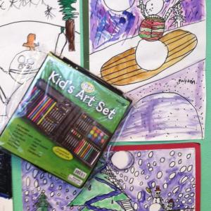 A selection of paintings by Wiscasset Primary School students and an art kit provided by F.W. Webb to all of the exhibit participants. Courtesy of Sonia Pearson