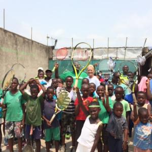 Cinda Holbach with a group of children in Camaroon, Africa. Courtesy of CLC YMCA