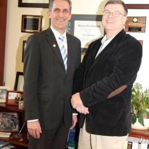 Northern Essex Community College (NECC) President Lane Glenn, left, and NECC respiratory care professor Duane Quinion of Westport Island. Quinion was one of three NECC employees to receive the quarterly employee recognition award for the first quarter of 2015. Courtesy of Ellen Small Davis
