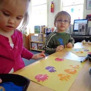Xzavier Ordung and Sadielynn West are busy using potatoes to stamp their floral arrangement. Courtesy of Natalie Castonia