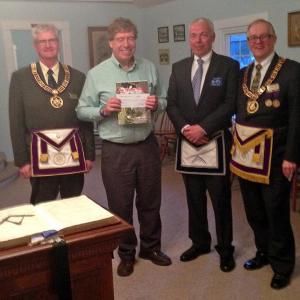 Kevin Campbell of Dresden, Dr. Allan Teel of Eldercare Network of Lincoln County, David Tonry of Newcastle and Thomas Pulkkinen of East Boothbay meet at Bristol Lodge to present a $2,000 donation from the Maine Masonic Charitable Foundation to the Eldercare Network. Courtesy of Thomas Pulkkinen