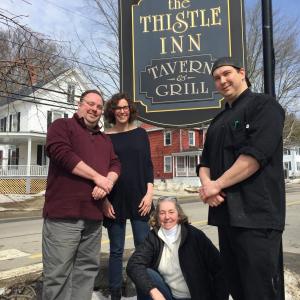 Outside The Thistle Inn in Boothbay Harbor are, from left, owner Max Ross, pastry chef Alex Tallen, dining room manager Mary Lou Koskela and executive chef Nick Krunkkala. SUZI THAYER/Boothbay Register