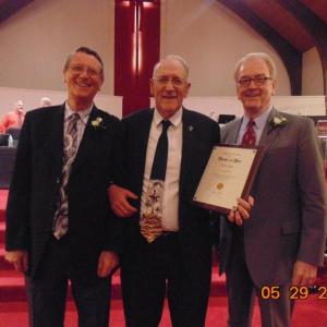 Pastor Wally Staples, center, of the Wiscasset Church of the Nazarene was honored as recipient of the Pastor of the Year award at the annual Maine District Church of the Nazarene Assembly in South Portland on Friday, May 29. With him is The Rev. Cecil Jones, left, Maine District Superintendent, and The Rev. JK Warrick, General Superintendent for the Church of the Nazarene. Courtesy photo