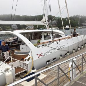 The Impossible Dream, a 60-foot catamaran built to be universally accessible to people with disabilities, was tied up at Hodgdon Yacht Services on a recent weekend in August. SUZI THAYER/Boothbay Register
