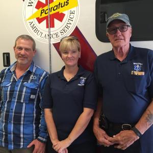 Interim Wiscasset Ambulance Service Director Joseph McCole, left, plans to go out on calls with the department’s members who include emergency medical technicians Tanya Bailey, center, and Dickey Brigance. SUSAN JOHNS/Wiscasset Newspaper Joseph McCole, Tanya Bailey, Dickey Brigance