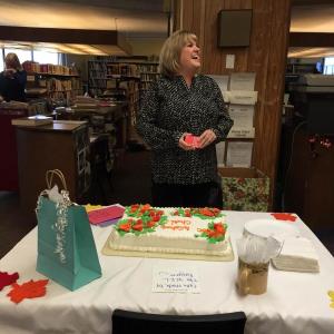 Cheri Towle gets a surprise celebration at Wiscasset Middle High School on Oct. 21, two days before she was set to leave as principal. Courtesy of Deb Pooler