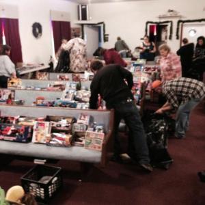 Volunteers at Church of the Nazarene in Wiscasset on Monday, Dec. 21 prepare toys for more families to pick up. Courtesy of Wally Staples