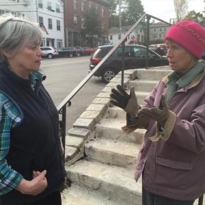 Mary Ellen Barnes, left, and Lucia Droby talk on Wiscasset’s Main Street on Oct. 2. File photo