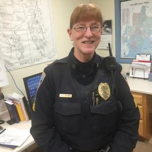 Retiring Wiscasset Police Sgt. Kathy Williams reflects on her law enforcement career during an evening shift Dec. 4. SUSAN JOHNS/Wiscasset Newspaper