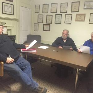 Alna Fire Chief Mike Trask, left, meets with First Selectman David Abbott, center, and Third Selectman Doug Baston Feb. 16. SUSAN JOHNS/Wiscasset Newspaper