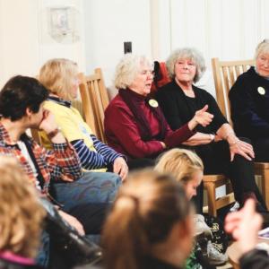 Members of Grandmothers for Reproductive Rights (GRR) and student members of the Bowdoin College NARAL pro-choice group, discuss how times have changed in reproductive health care since the days when the grandmothers were in their teens. Courtesy of Wendy Ross Eichler