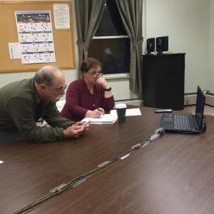 Wiscasset Historic Preservation Commission Vice Chairman Gordon Kontrath, left, and member Wendy Donovan watch and listen to fellow member Jib Fowles via Skype at the commission’s Feb. 4 meeting. SUSAN JOHNS/Wiscasset Newspaper