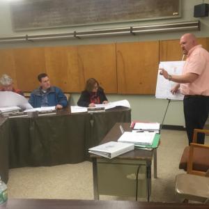 Engineer Andrew Hendrich of Gartley & Dorsky meets with the Wiscasset Planning Board on March 28. SUSAN JOHNS/Wiscasset Newspaper