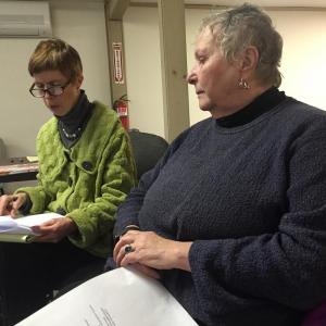 Downtown Wiscasset business owners Lucia Droby, left, and Deb Schaffer take part in a March 15 meeting at the Lincoln County Regional Planning Commission's office. SUSAN JOHNS/Wiscasset Newspaper
