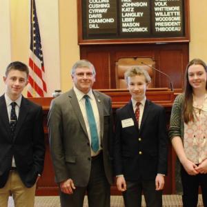 At the State House are, from left, Liam Cullina, Sen. Chris Johnson, Will Shaffer and Kathryn Colomb. Courtesy photo