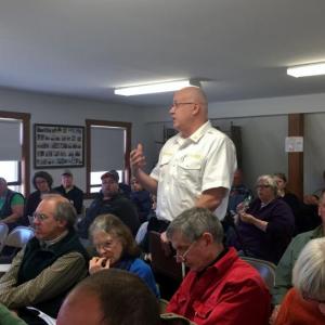 Toby Martin addresses Alna town meeting voters Saturday, two days before his start as Wiscasset’s ambulance chief. SUSAN JOHNS/Wiscasset Newspaper