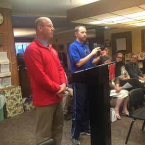 Wiscasset Middle High School athletic director and assistant principal Nate Stubbert, left, stands by as Boothbay Region High School football coach Bryan Dionne speaks to the Wiscasset School Committee on April 28. SUSAN JOHNS/Wiscasset Newspaper