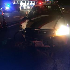 Scene of the overnight crash involving a Wiscasset police cruiser and another vehicle. Courtesy Lincoln County Sheriff’s Office