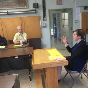 Wiscasset Superintendent of Schools Heather Wilmot, right, speaks with the budget committee at the municipal building May 12. Members Kristin Draper, left, and Vincent Thibeault look on. SUSAN JOHNS/Wiscasset Newspaper