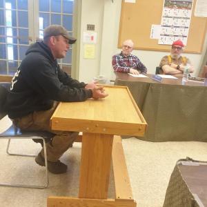 Kevin Steele Jr. meets with the Wiscasset Planning Board on May 9. From left are members Tony Gatti, Al Cohen and Karl Olson. SUSAN JOHNS/Wiscasset Newspaper