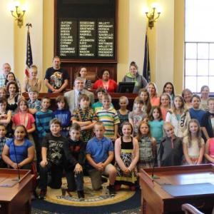 Wiscasset Elementary School fourth graders with Sen. Chris Johnson in the Senate Chambers. Courtesy photo