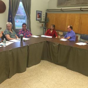 The Wiscasset Waterfront Committee and Town Planner Ben Averill, far right, meet in the municipal building May 26. SUSAN JOHNS/Wiscasset Newspaper