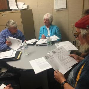 Wiscasset Ordinance Review Committee Chairman Karl Olson, left, and members Jackie Lowell and Al Cohen meet with other ORC members and Town Planner Ben Averill June 13. A selectmen’s meeting took up the ORC’s usual, larger meeting space. SUSAN JOHNS/Wiscasset Newspaper