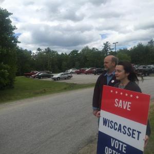 Keith Rendall, left, and Quincy Brimstein stand next to the Wiscasset Community Center driveway Tuesday. SUSAN JOHNS/Wiscasset Newspaper